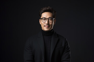 Fototapeta premium Portrait of a smiling Asian businessman wearing glasses and black suit with looking at the camera in confidently while standing alone in a dark wall background.