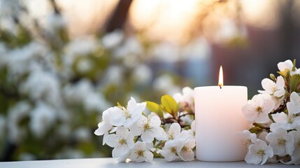 candles and flowers in spring background