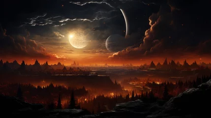 Poster A fantasy landscape with huge orange moon. Generative AI.  © Elle Arden 