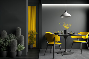 Modern dark grey decor, yellow and gray dining room, 2021 colors, illustration. Generative AI