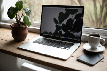 Fototapeta premium On a wooden office desk next to a window, a laptop with an empty screen, a mockup, plants, a cup of coffee, and a cellphone are present. During home office, the copy area and office interior