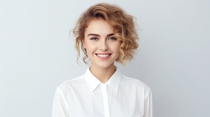 portrait of a young woman looked at camera on white background