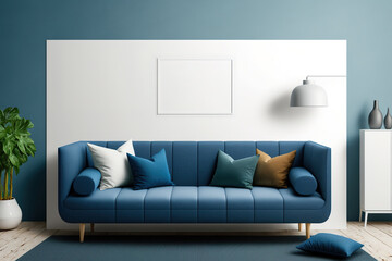 Interior wall mock-up of a living room with a blue cloth sofa and pillows against a white background and a free space on the right. Generative AI