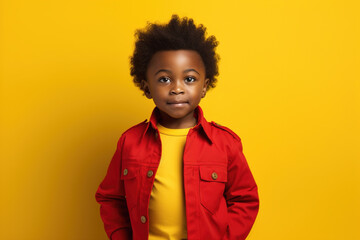 African boy on yellow studio background, portrait of cute black kid