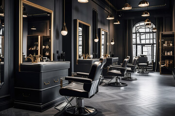 Modern hair beauty salon with dark design, luxury barbershop interior - obrazy, fototapety, plakaty