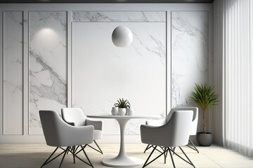 Relaxing dining area with empty white fake wall, 4 armchairs, marble walls. Minimalism. Restaurant or office lounge. Innovative. Mockup. Generative AI
