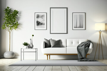 Wooden floors, side tables, and cozy Scandinavian sofa. Empty walls with frames can be utilized for art, print, interior scene, and wallpaper mockups. Generative AI
