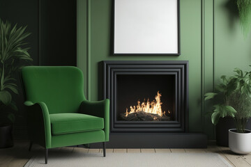 Realistic image of a green armchair in a large living room environment, near to a bio fireplace with a fake poster. Generative AI