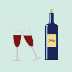 Christmas and celebration illustration flat vector in cartoon style. Wine bottle and wine glass. Merry Christmas. For Christmas cards, banners, tag, labels, background.