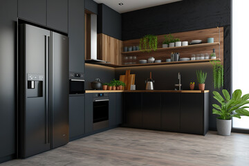 Fototapeta premium Modern kitchen with black counters, dark wood cabinets, and concrete floors. mockup. Generative AI