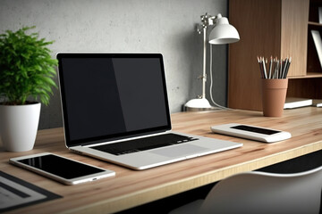 Wooden table, blank laptop, and office supplies. Workstation mockup. Generative AI