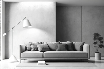 Contemporary concrete living room with vacant wall, couch, and floor lamp. Relaxation. Mockup,. Generative AI