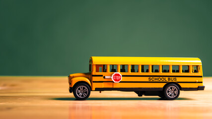 Yellow school bus model on the student table with chalkboard or blackboard background....