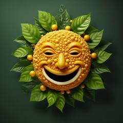 smile emoticon made by orange fruit and leaves with mandala art style, hyper realistic and detailed, beautiful light,