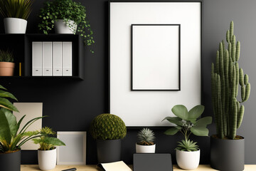 Home office with many potted plants and two square, empty presentation photo frames. Generative AI