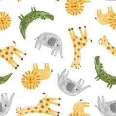 Fotobehang Dieren patronen scandinavian safari watercolor animals seamless pattern with orange giraffe, lion, green crocodile, grey elephant. Hand drawn kids fabric and textile design  © CandyLama