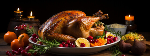 Bountiful Thanksgiving Feast, Roasted Turkey and Festive Decor on a Rustic Table