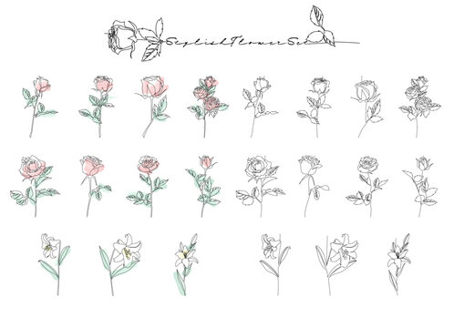 Simple line drawing of flowers Asorai set
