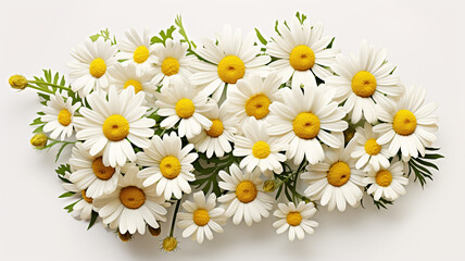 Chamomile flowers top view, on white background.