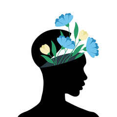 Otwarta głowa z bukietem niebieskich kwiatów. Wzrost emocjonalny, psychoterapia, optymizm, zdrowa głowa i zdrowie psychiczne. Wektorowa ilustracja psychologiczna. - obrazy, fototapety, plakaty