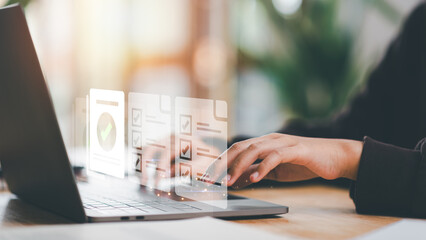 Businessman checking the steps through a virtual online document with a list of checkboxes Concepts of practices and policies, company articles of association Terms and Conditions.