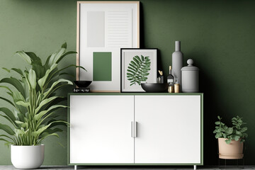 Obraz na płótnie Canvas Contemporary cabinet filled with empty photo frames, ornamental plants, and other things. Concepts for lifestyle and interior design. a mockup. Generative AI