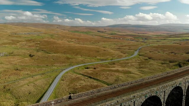 Aerial view of Ribblehead viaduct, located in North Yorkshire, United Kingdom