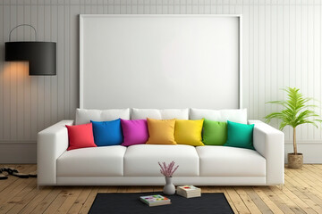 Living room mock-up interior poster with a vibrant white sofa. Generative AI