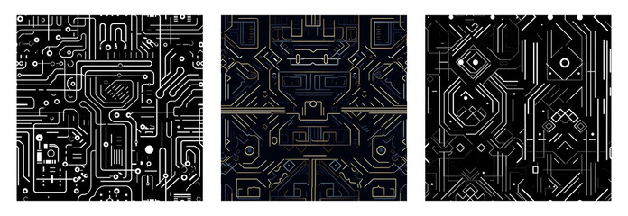 set of seamless patterns alien microcircuits and electrical circuit tracks on a dark background