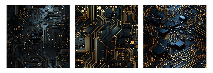 set of seamless patterns alien microcircuits and electrical circuit tracks on a dark background