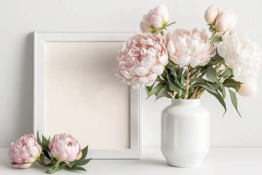 White background, pink peony vase, and white frame mockup. Generative AI