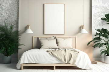 Illustration of mockup posters on a beige background with a light wall and a comfortable bed. Generative AI