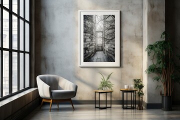 Fototapeta na wymiar Polished cement wall frame in the living room, minimalist style, contemporary style. There is a large glass window overlooking the high-rise building. with armchairs and coffee table.