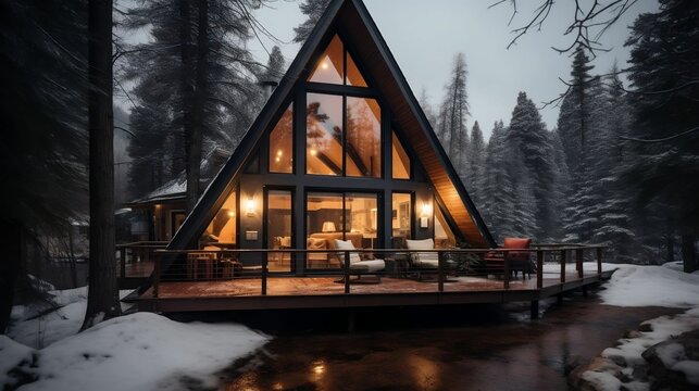 A-frame cabin nestled in a snowy mountain paradise 
