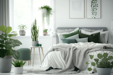 Modern bedroom interior with potted plants. On a background of a white wall, a double bed with pillows and a blanket, plants, a lamp, a carpet on the floor, and a wide window with curtains. Generative
