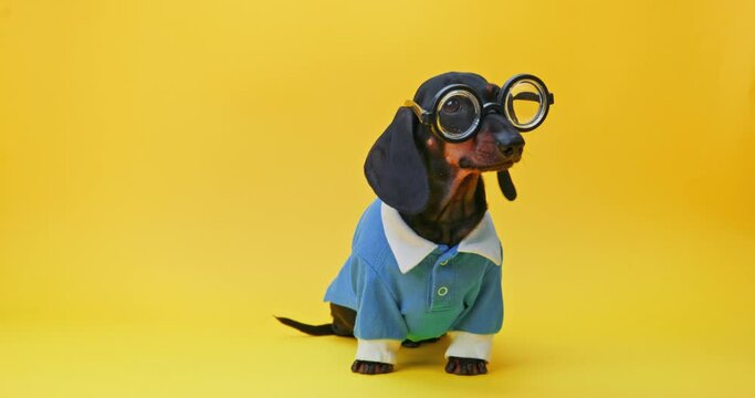 Dachshund pet clever student with glasses sitting against yellow studio wall. Student dog modelling for academic magazine or newspaper