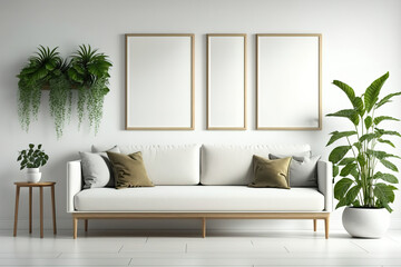 Interior design of a contemporary room with a sofa, pillows, plant, and wood frames on the walls. Generative AI