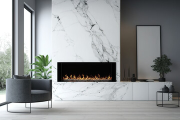 Contemporary living room with marble TV wall and fireplace. Generative AI