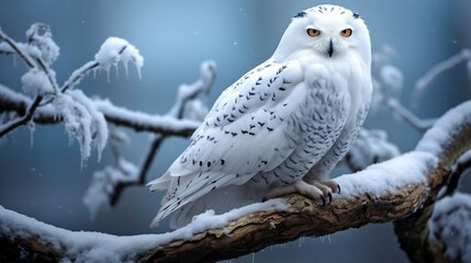 Watchful snowy owl perched on a snowy branch 
