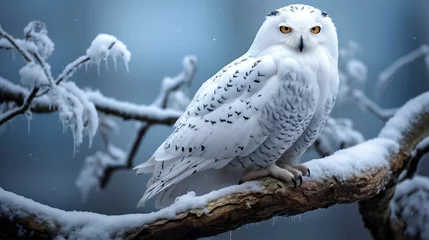 Fototapete Schnee-Eule Watchful snowy owl perched on a snowy branch 
