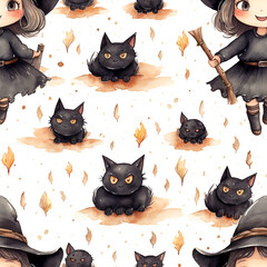 Beautiful Halloween Background: Cute Witch, Pumpkin, and Cat in Watercolor Artistry