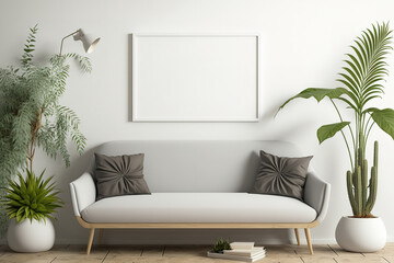 Horizontal poster mockup with frame, couch, light, and plants. Generative AI
