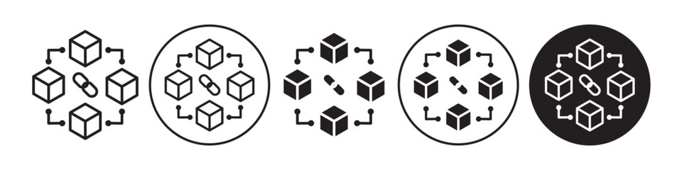 Block chain technology icon. Crypto currency security digital network symbol. Vector of 3D box model with inter link. Data structure connection channel logo