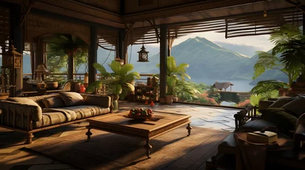 Raamstickers Bali style living room. The interior design of Indonesia indoor resort. Generative AI © littlekop