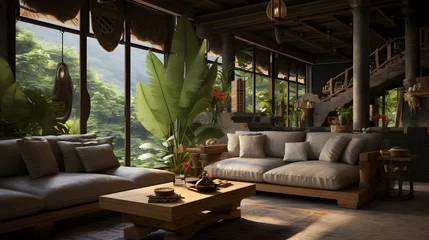 Gordijnen Bali style living room. The interior design of Indonesia indoor resort. Generative AI © littlekop