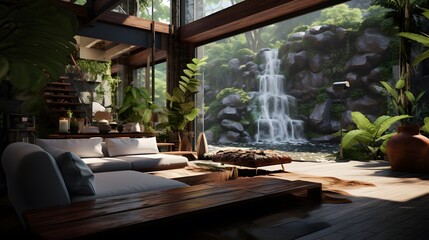 Bali style living room. The interior design of Indonesia indoor resort. Generative AI