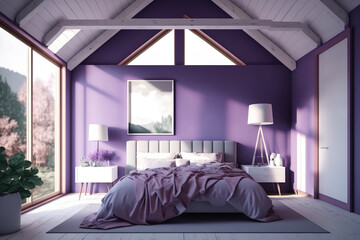 Purple modern minimalist bedroom with a bed with a duvet and pillows, parquet floor, wooden beams ceiling, and walk-in wardrobe. Blinds, décor, and windows. modern interior architecture, illustration