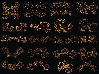 Golden vintage floral elements art deco style decorative border frames and dividers.