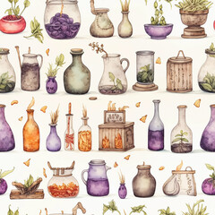 Spooky and Festive Halloween Art: Little Witch Items in Watercolor Seamless Pattern