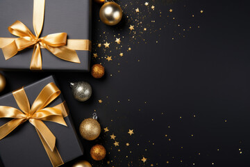 Fototapeta na wymiar Christmas gift box black gold color background